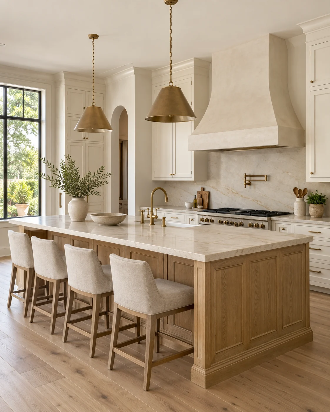 AI-generated kitchen design inspiration with ivory cabinetry, a white oak island and brass details