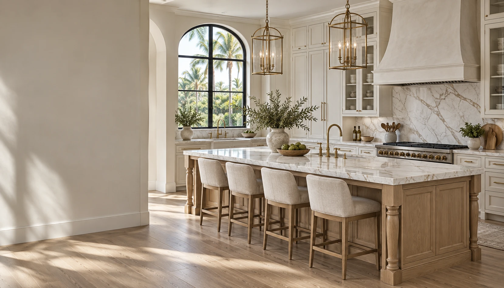 AI-generated design inspiration: ivory cabinetry, oak island and brass details